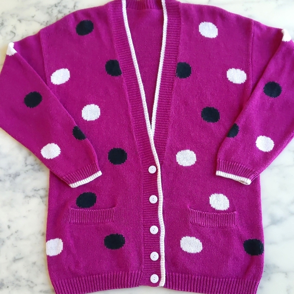Multicolor Polka Dots Dropped Shoulder Cotton Cardigan Sweater with Pockets. - Picture 3 of 4